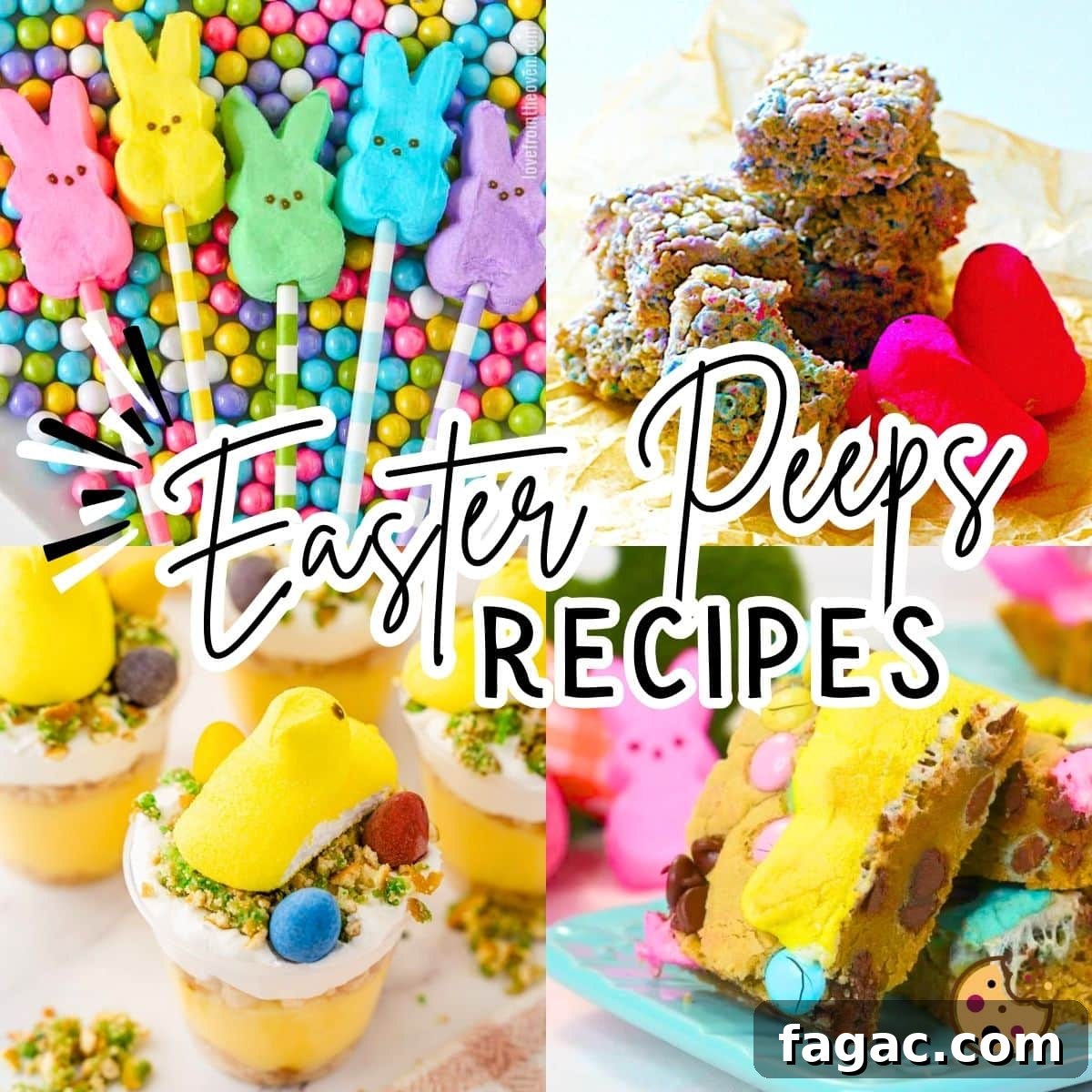 20 Creative Recipes Using Marshmallow Easter Peeps 8 A collage of images showing Easter peeps recipes, pudding cups, peeps cookie bars, and peeps rice krispie treats.