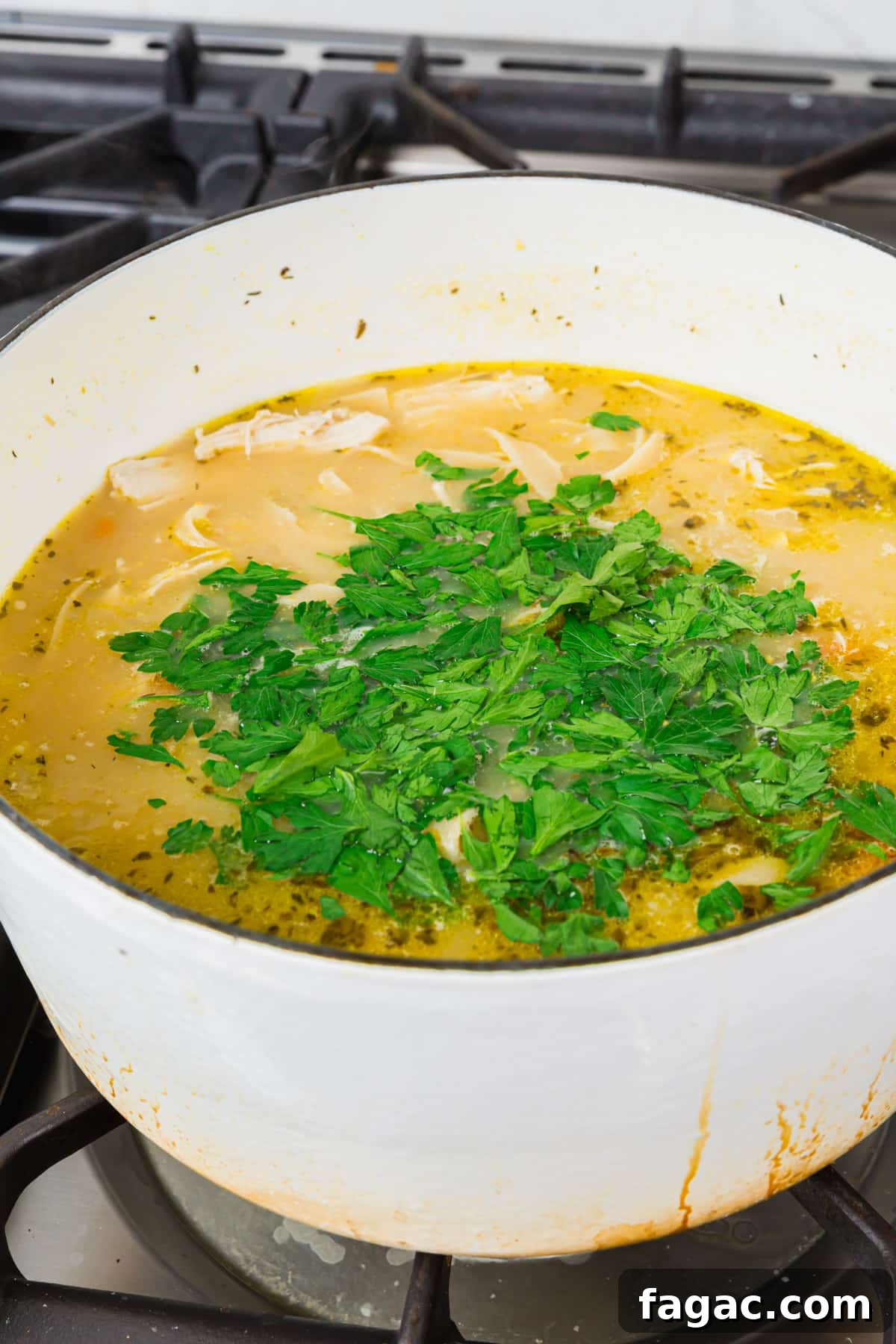 Comforting Gluten-Free Chicken Noodle Soup Recipe 12 A white dutch oven on the stove with gluten free chicken noodle soup in it topped with a pile of chopped fresh parsley before mixing together.