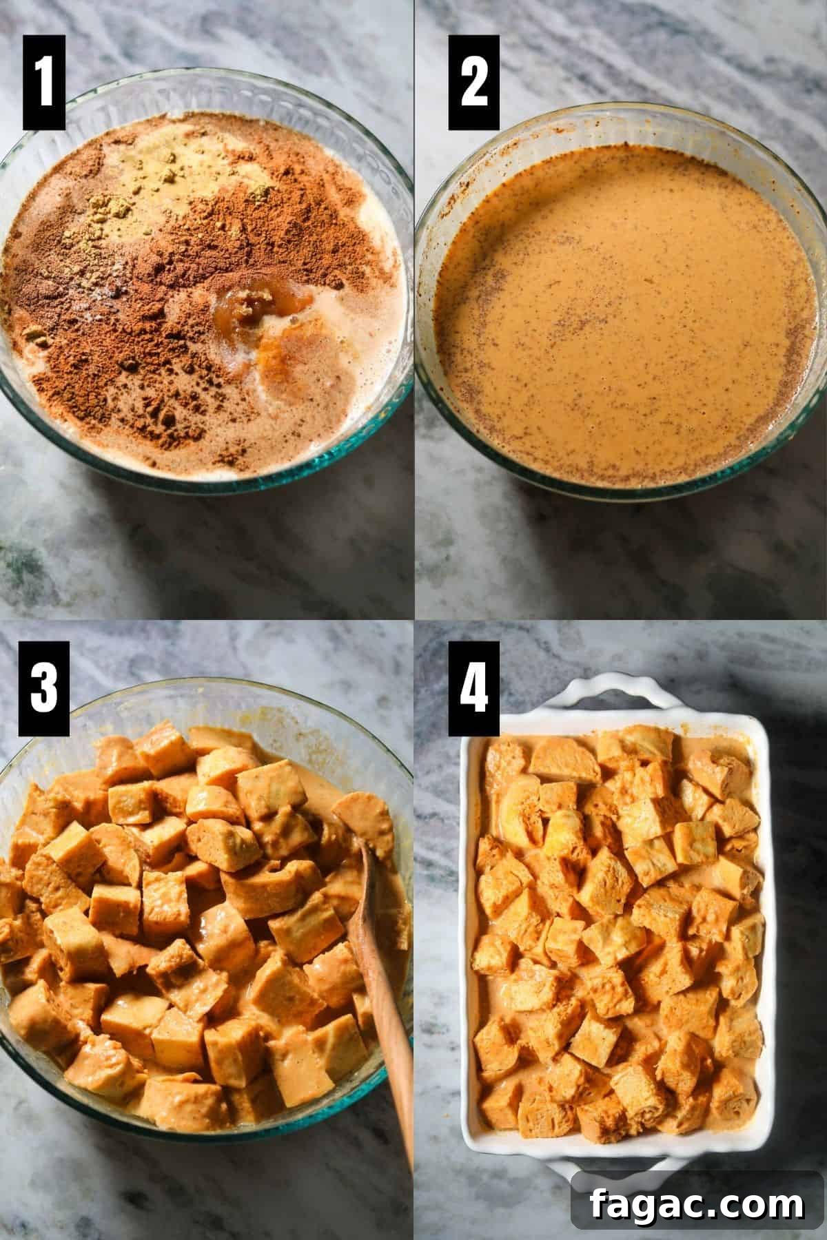 Salted Caramel Pumpkin Bread Pudding Recipe 5 Step-by-step instruction images for making pumpkin bread pudding with salted caramel sauce.
