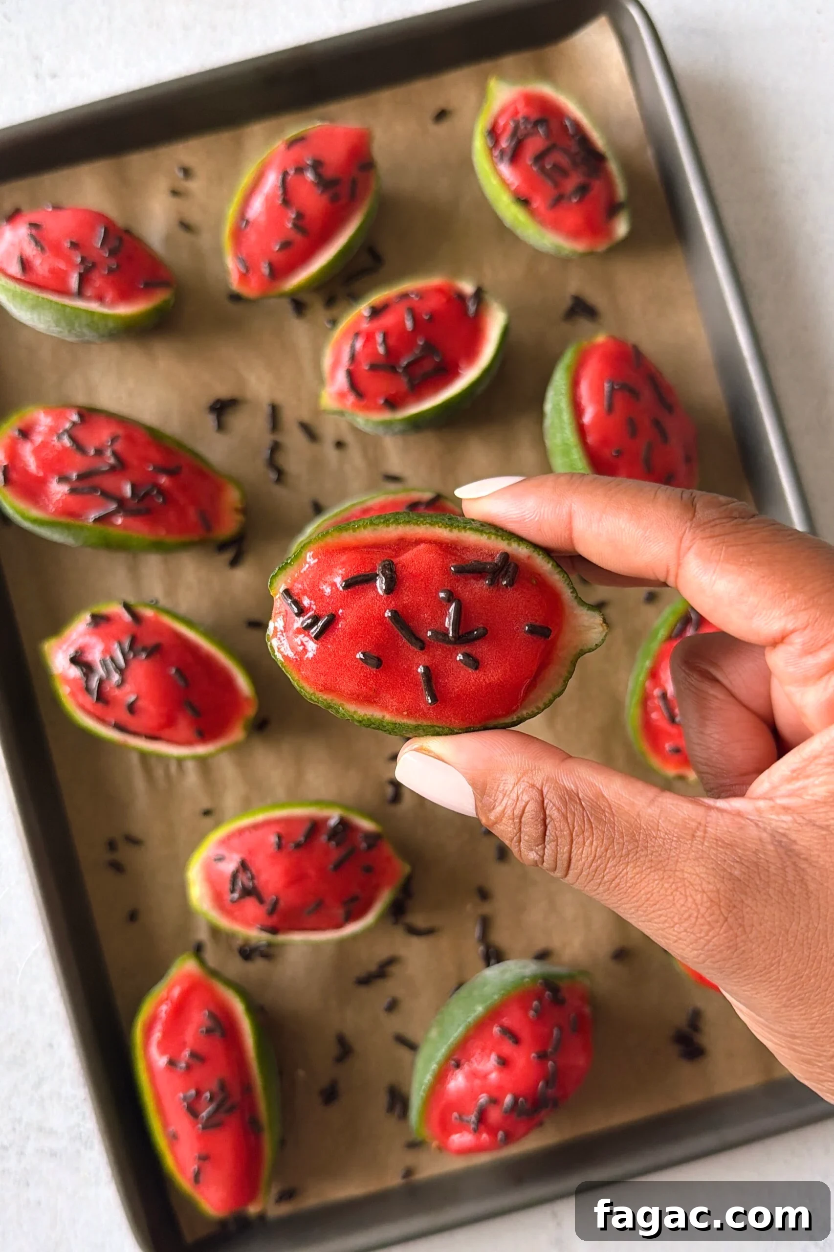 Watermelon lime sorbet served in lime skin.