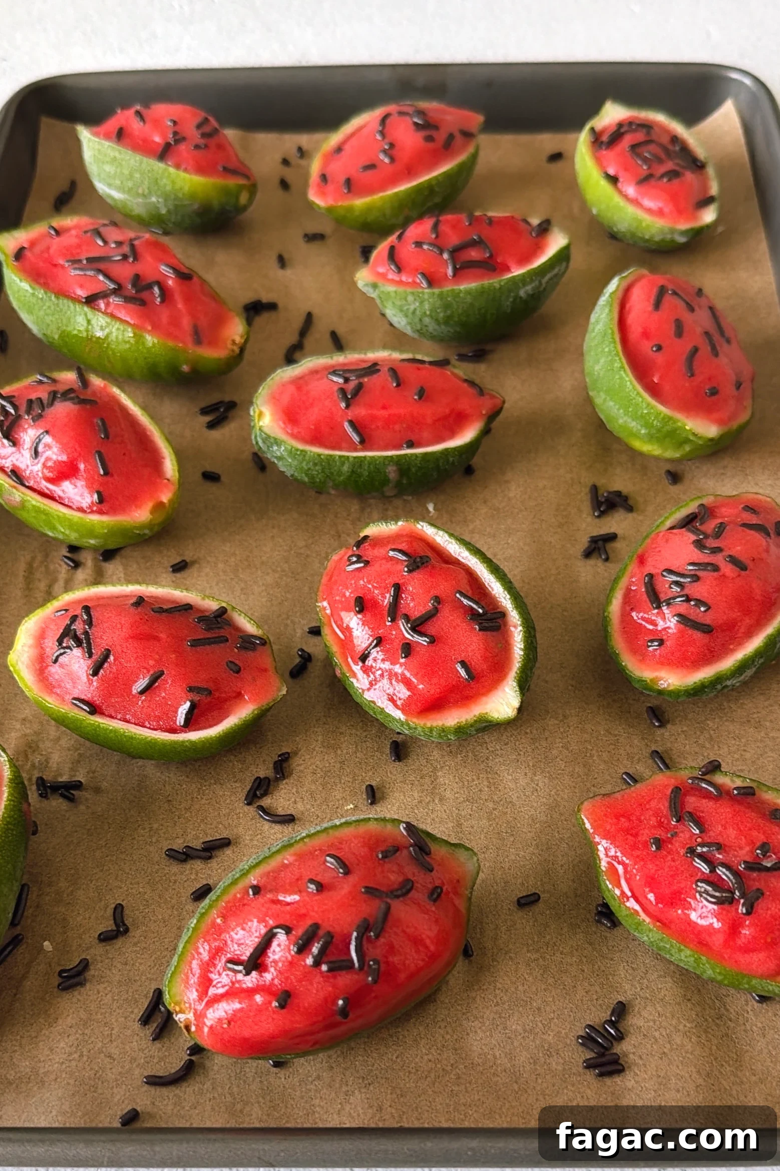 Watermelon lime sorbet served in lime skin.