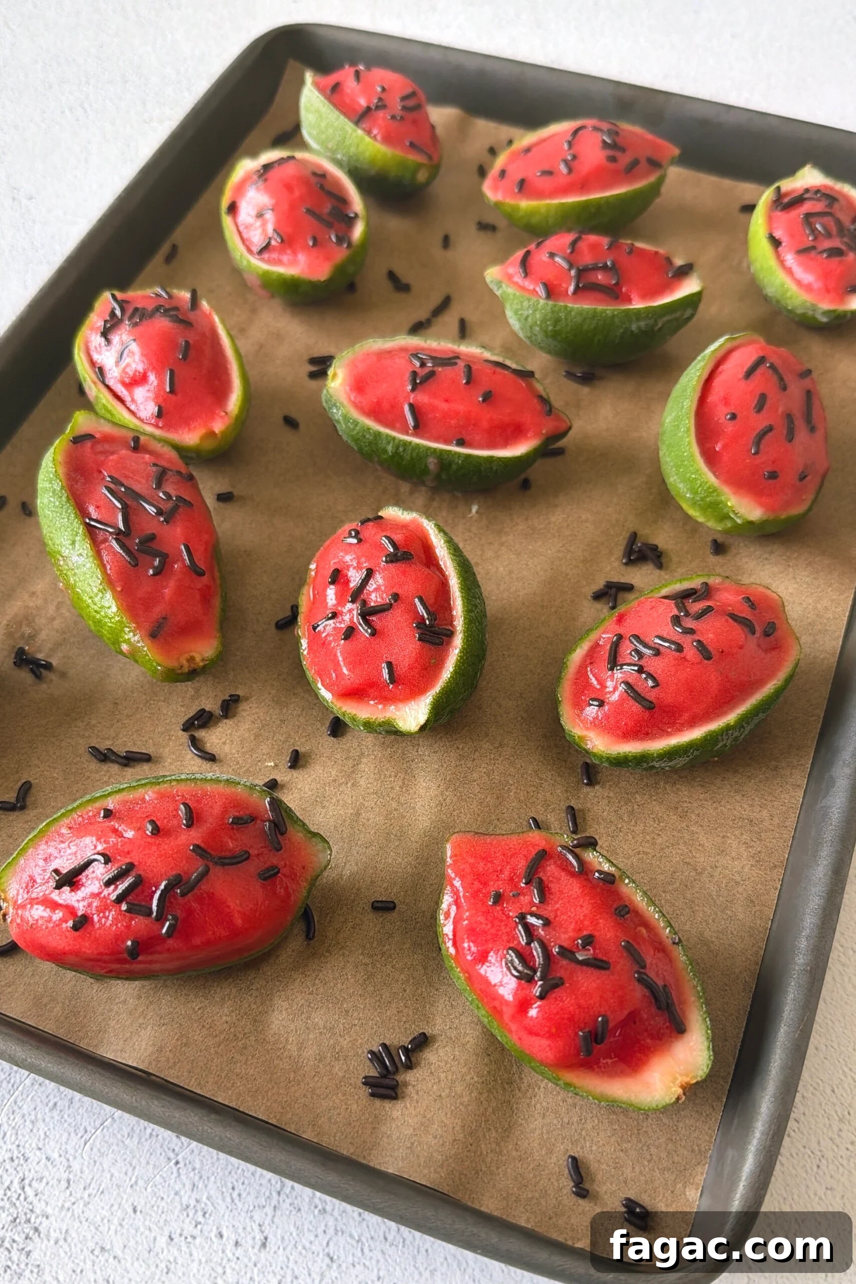 Watermelon lime sorbet served in lime skin.