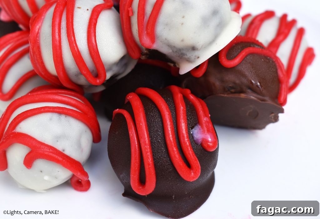 Mint Oreo Truffles Recipe: No-Bake Mint Chocolate Truffle Bites 3 Dark chocolate truffle with red drizzle.