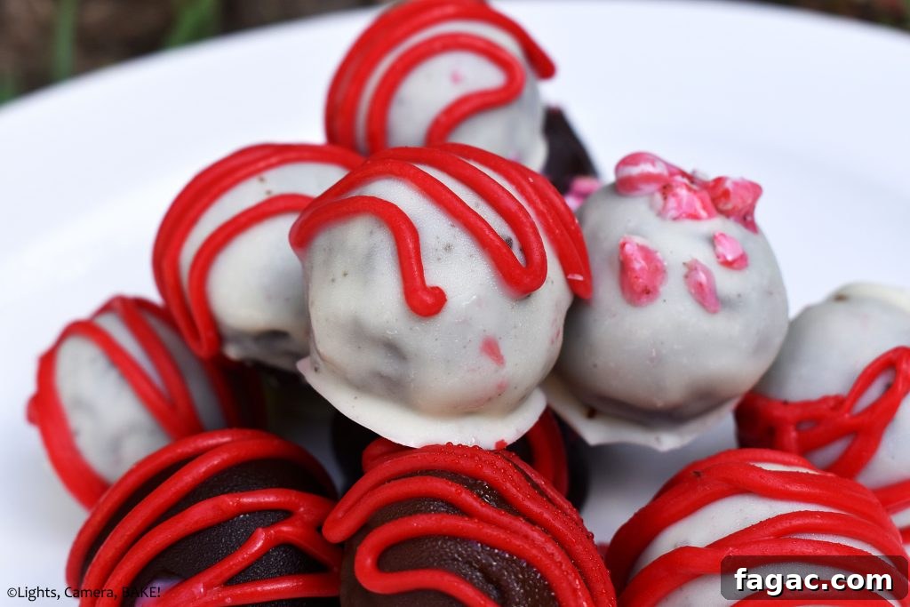 Mint Oreo Truffles Recipe: No-Bake Mint Chocolate Truffle Bites 7 Peppermint and candy cane truffles on a plate.