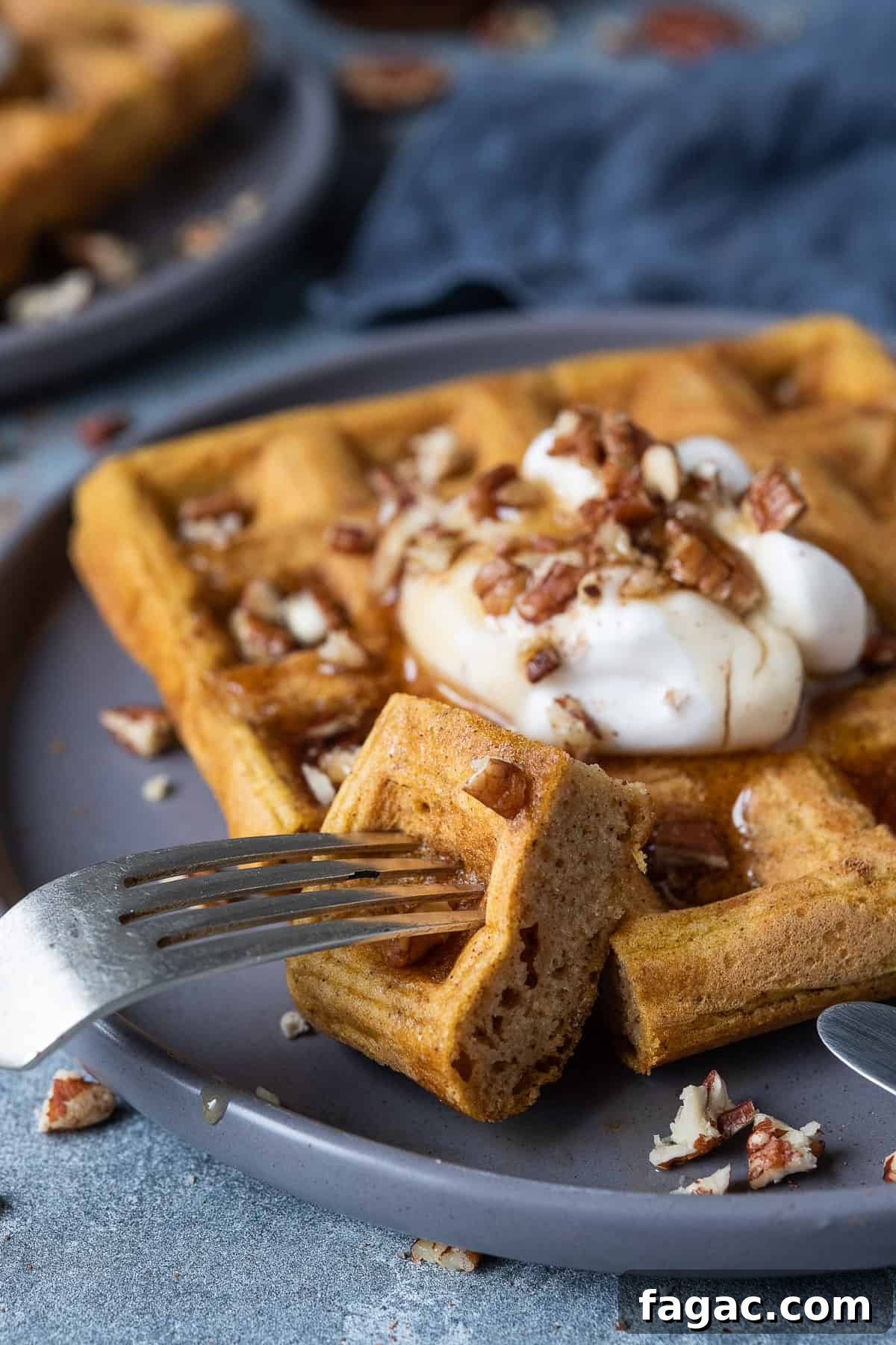 Vegan pumpkin waffles - these super fluffy vegan waffles are crispy on the outside and light and soft on the inside, you would never be able to tell that they are eggless and dairy-free! They are lightly spiced and flavoured with pumpkin, perfect for an autumnal breakfast or brunch! #veganbreakfast #veganbrunch #eggless #dairyfree Close up of a forkful of vegan pumpkin waffle.
