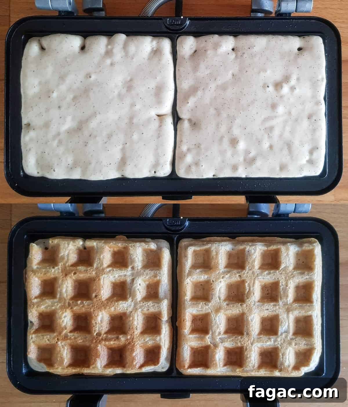 Fluffy Vegan Pumpkin Waffles with Cinnamon Maple Syrup 3 step 2 - cooking the waffles.
