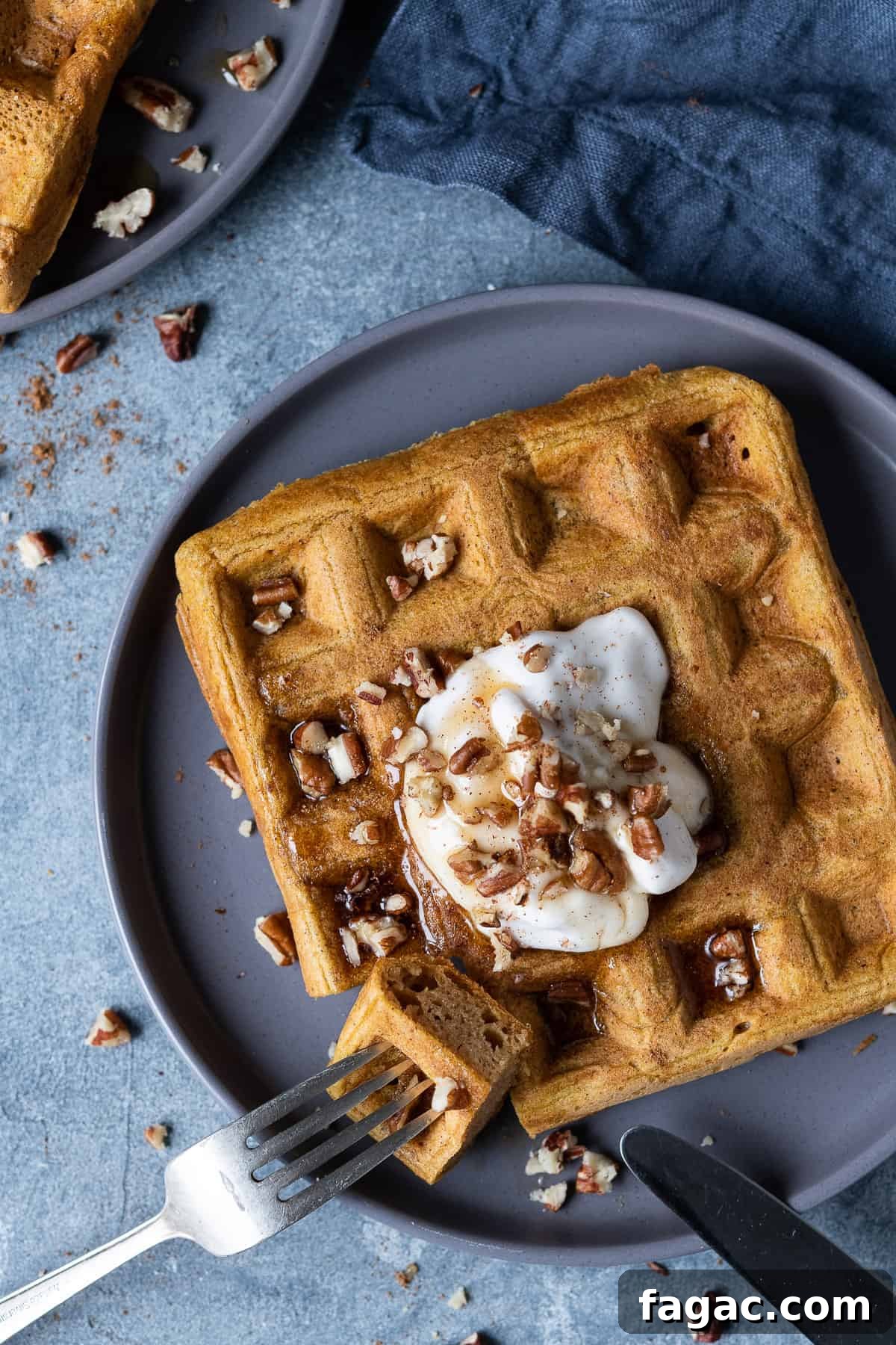 Vegan pumpkin waffles - these super fluffy vegan waffles are crispy on the outside and light and soft on the inside, you would never be able to tell that they are eggless and dairy-free! They are lightly spiced and flavoured with pumpkin, perfect for an autumnal breakfast or brunch! #veganbreakfast #veganbrunch #eggless #dairyfree A vegan pumpkin waffle topped with yogurt, chopped pecans and maple syrup on a grey plate with a knife and fork.