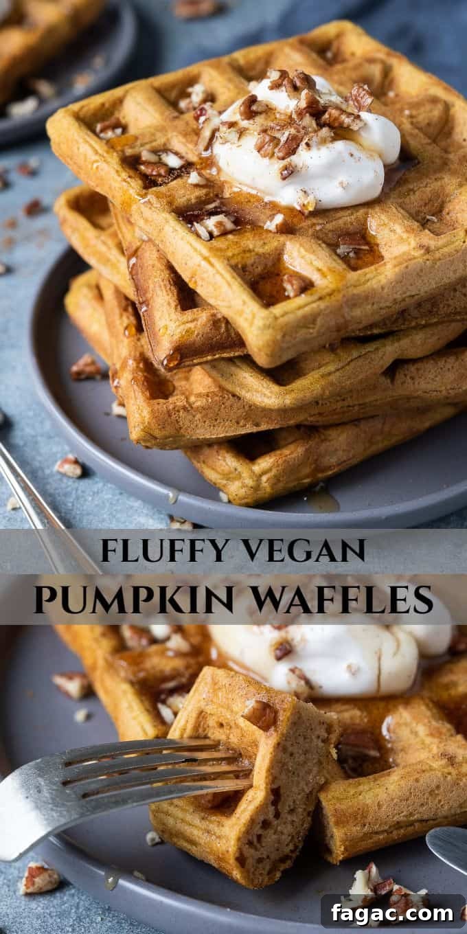 Vegan pumpkin waffles - these super fluffy vegan waffles are crispy on the outside and light and soft on the inside, you would never be able to tell that they are eggless and dairy-free! They are lightly spiced and flavoured with pumpkin, perfect for an autumnal breakfast or brunch! #veganbreakfast #veganbrunch #eggless #dairyfree Pinterest image.