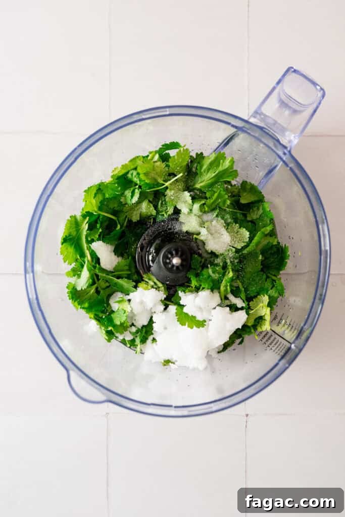 Vegan Cilantro Lime Dressing — Dairy-Free Paleo Recipe 4 A blender with cilantro and coconut milk in it.