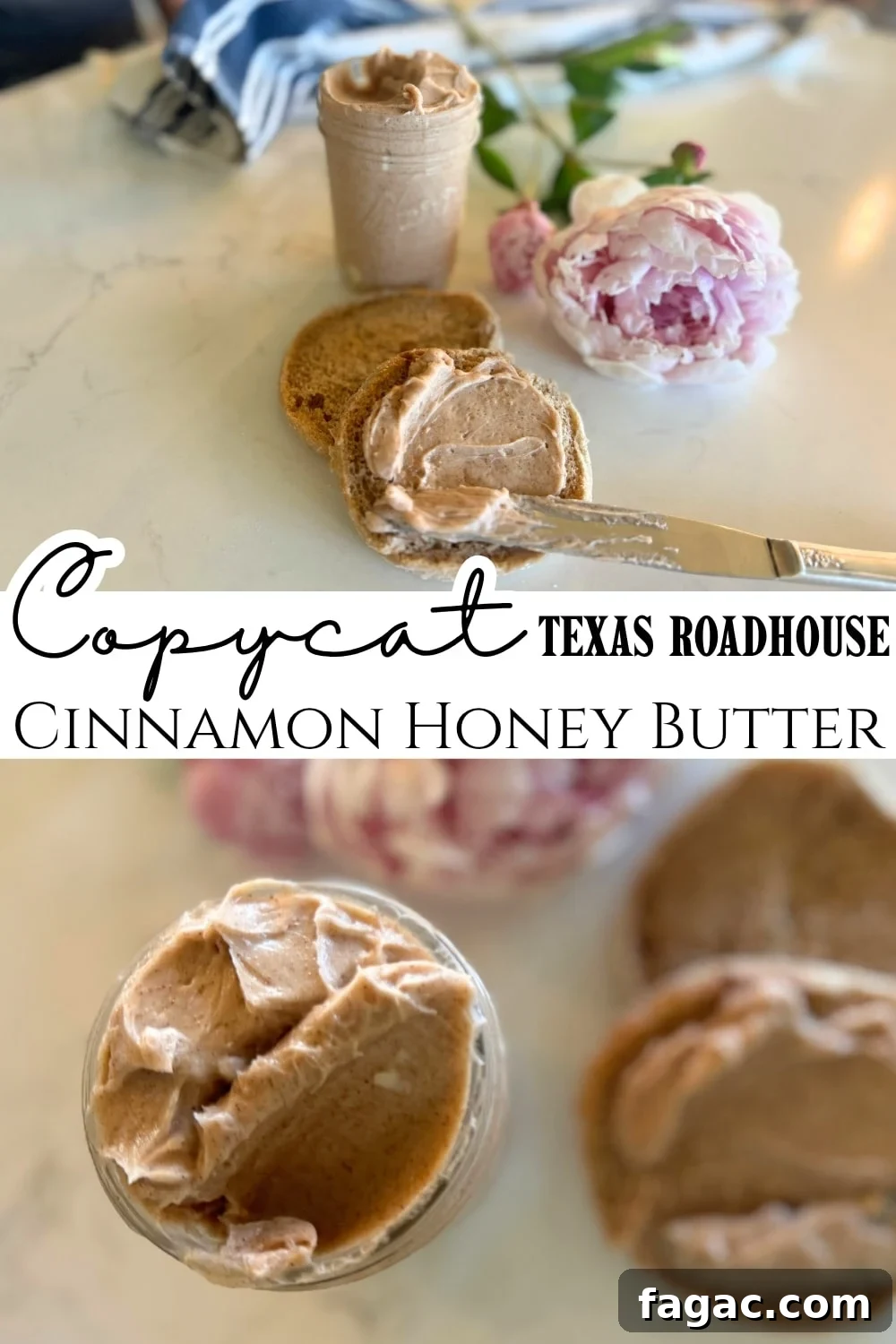 text with copycat texas roadhouse honey butter in jar and spread on roll