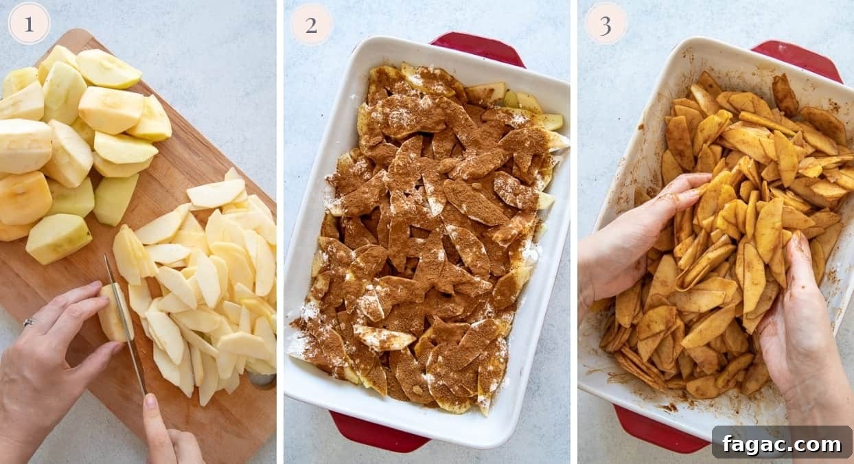 healthy apple crisp thin apple slices being tossed with cinnamon sugar in a casserole dish