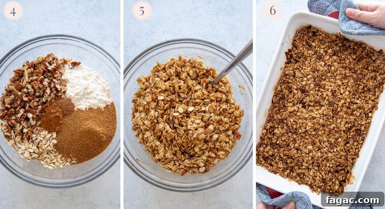 healthy apple crisp picture collage demonstrating how to make oat topping for apple crisp
