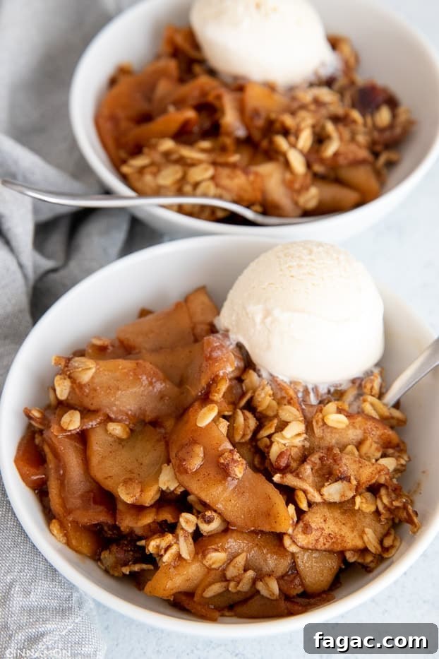 healthy apple crisp close-up of a serving of healthy apple crisp in a white bowl served with vanilla ice cream