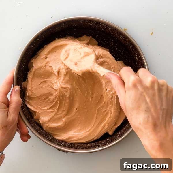 Spreading the cheesecake filling in the chocolate crust.