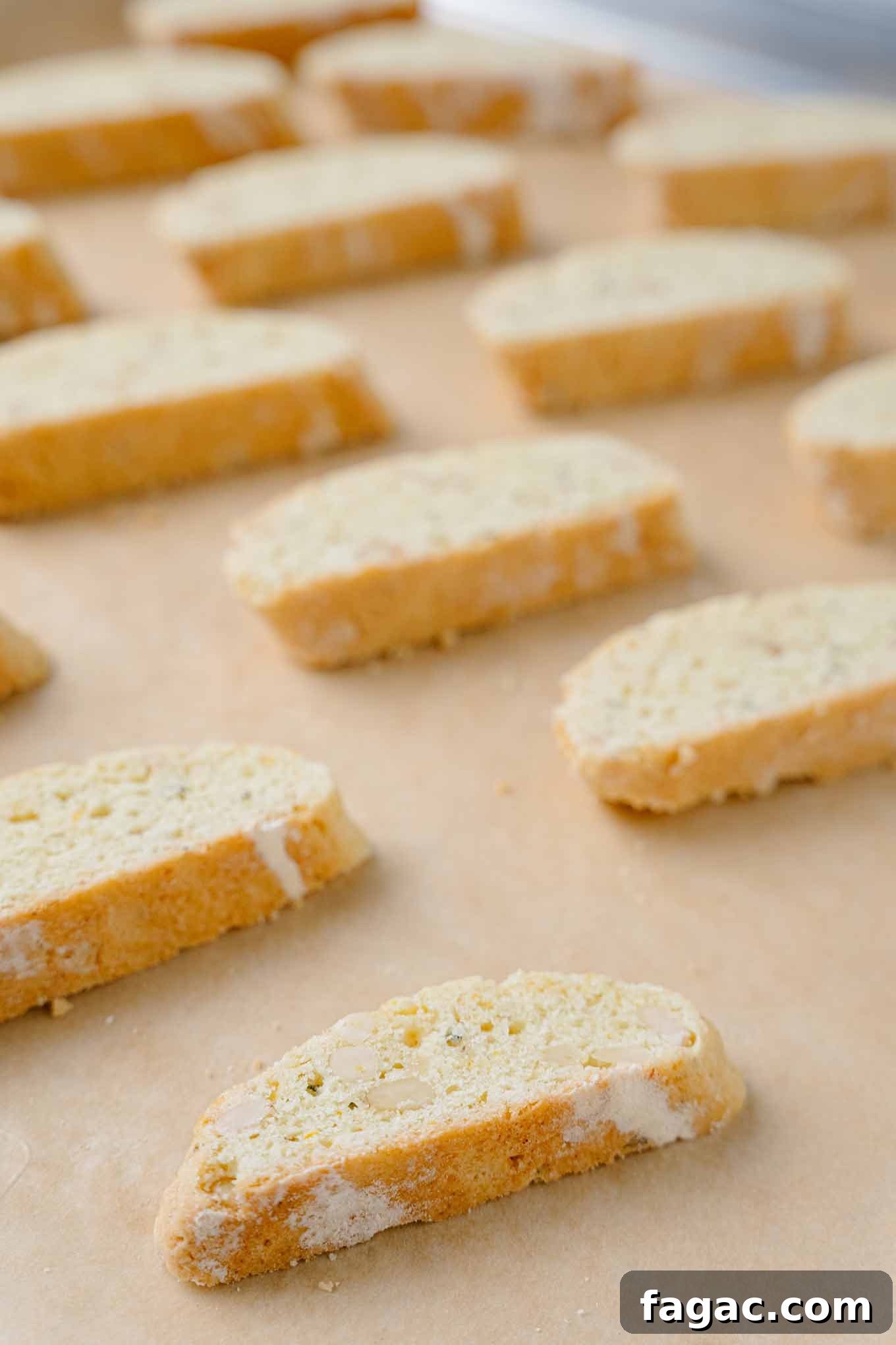 Buttery Orange Biscotti: Classic and Almond Variations 5 A close up photo of sliced orange biscotti on a baking sheet ready for the second baking.