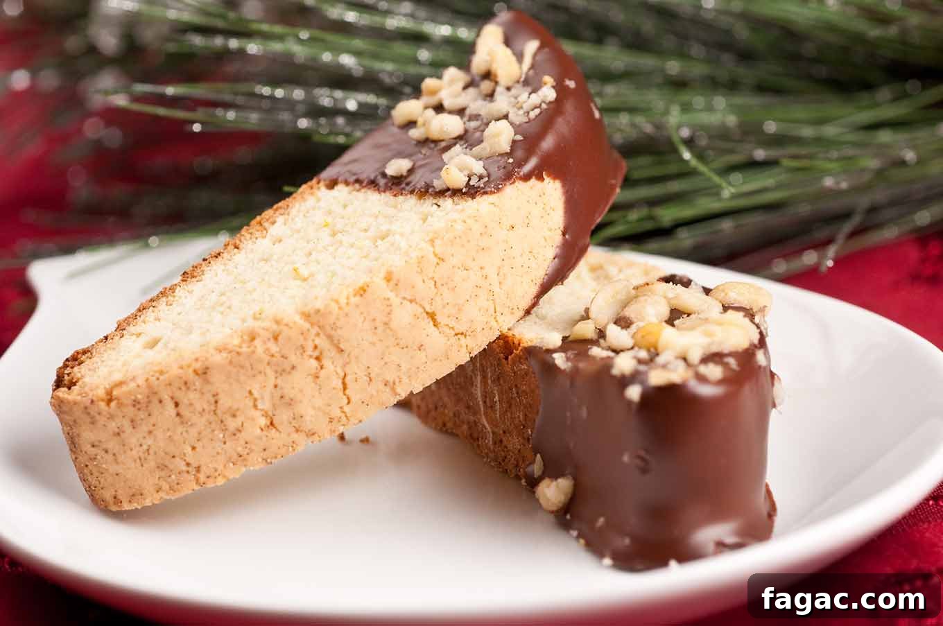 Buttery Orange Biscotti: Classic and Almond Variations 7 A side view of chocolate dipped biscotti rolled in chopped pine nuts on a plate on a red tablecloth.