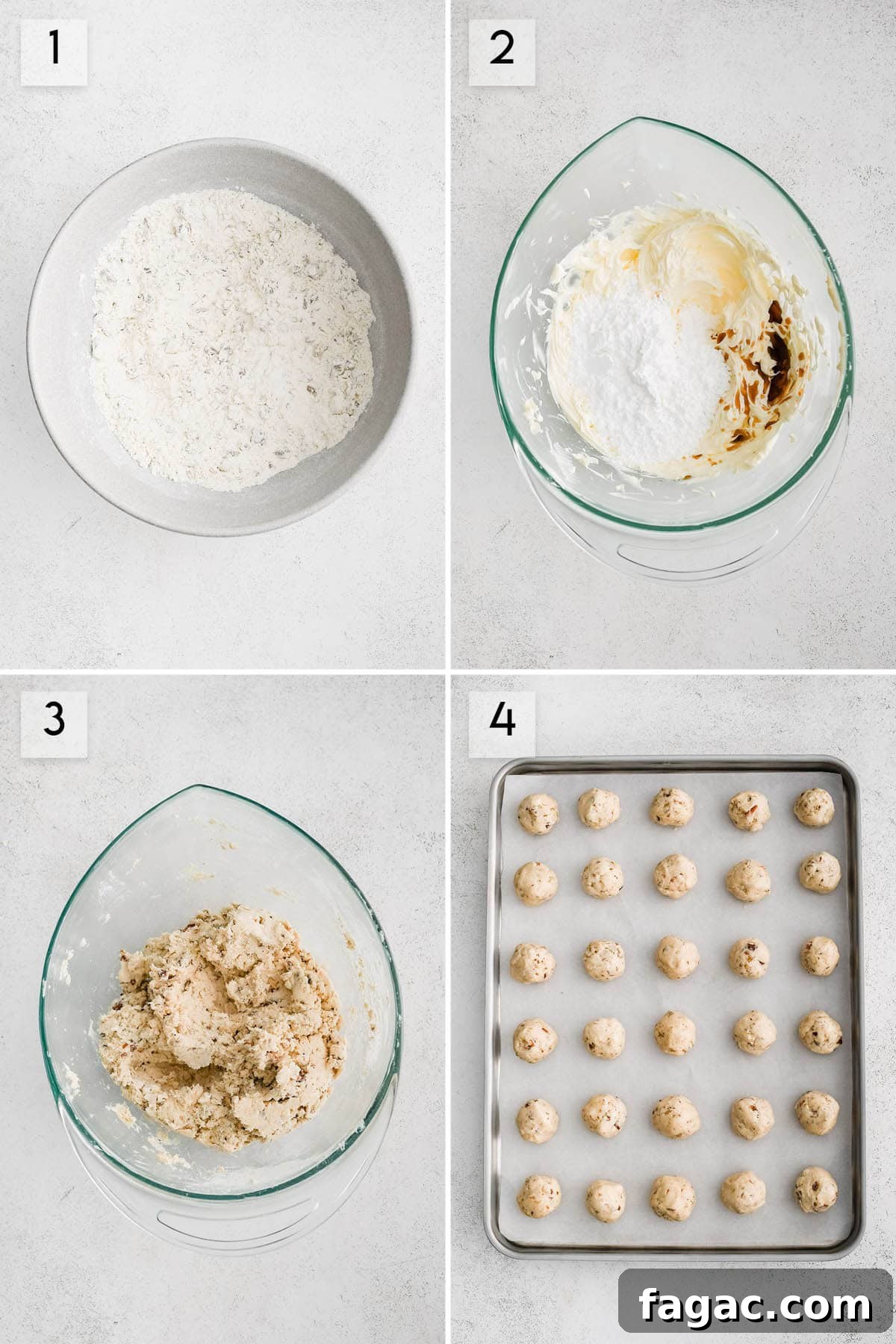 Chewy Snowball Cookies Recipe with Melt-in-Your-Mouth Filling 3 four panel collage image showing how to make snowball cookies