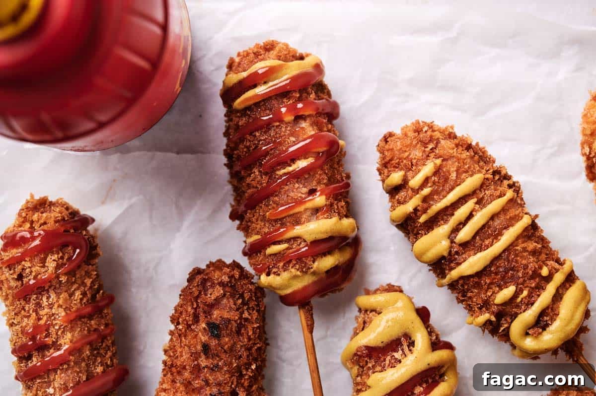 Several breaded and fried corn dogs on sticks, drizzled with mustard and ketchup, placed on white crumpled paper.