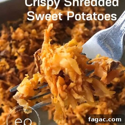 Crispy Shredded Sweet potatoes on fork