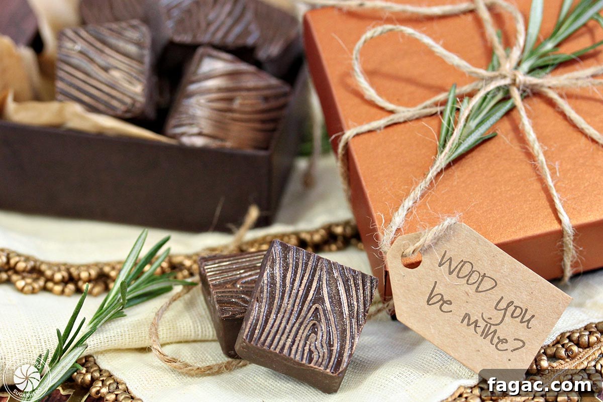 Rosemary Raspberry Truffles - square truffles with wood grain pattern in a decorative box