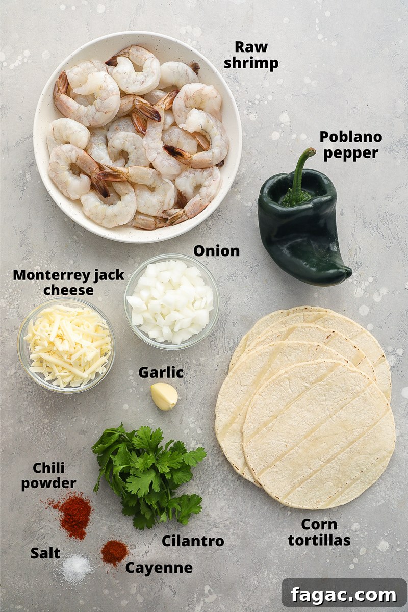 Crispy Shrimp and Poblano Tacos with Avocado Cilantro Sauce 3 Ingredients used to make crispy shrimp and poblano tacos (tacos gobernador)