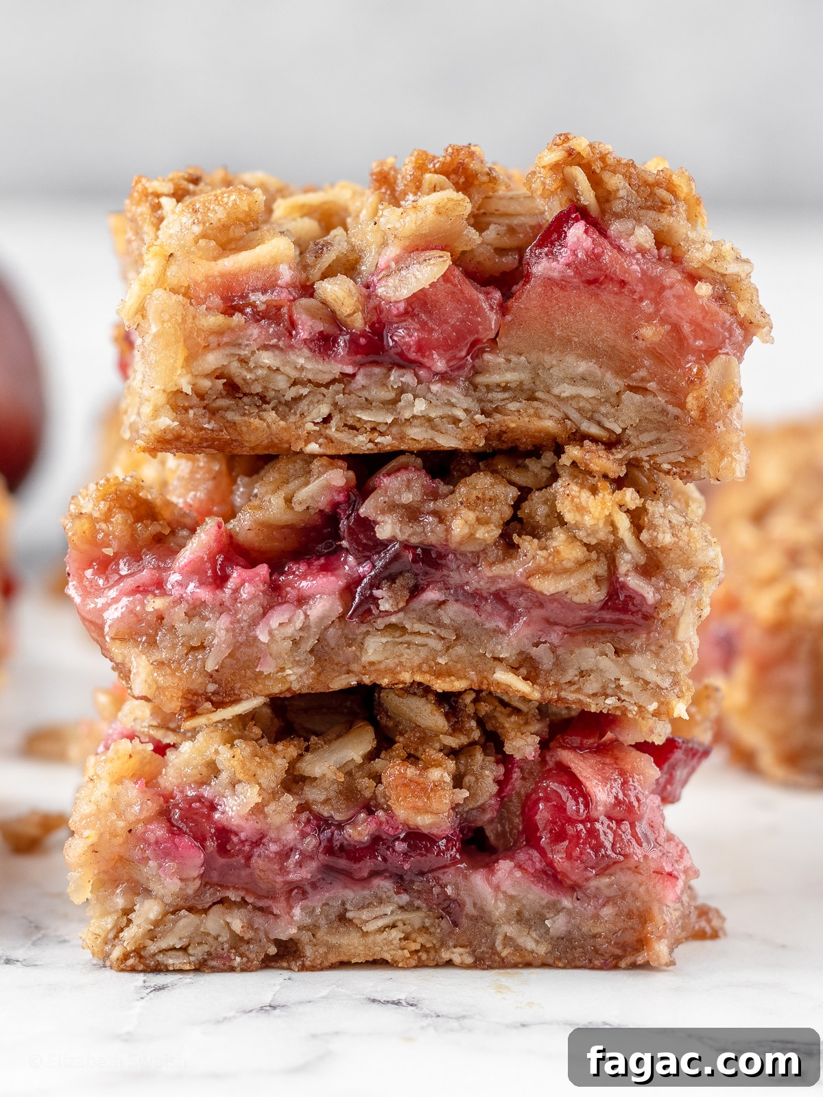 Apple Plum Crumble Bars with Oat Topping Recipe 2 Tall stack of apple and plum crumble bars.