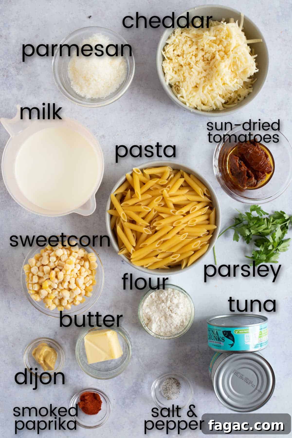 Ingredients for tuna pasta bake.