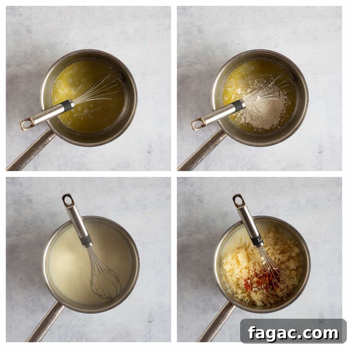 Step by step photo instructions for making cheese sauce.