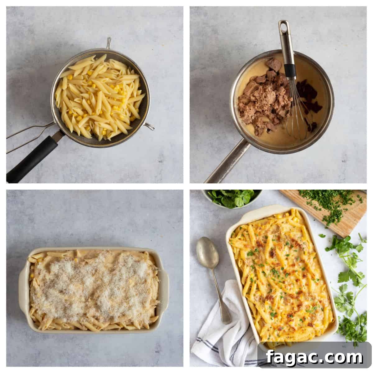 Assembling tuna pasta bake into a baking dish.