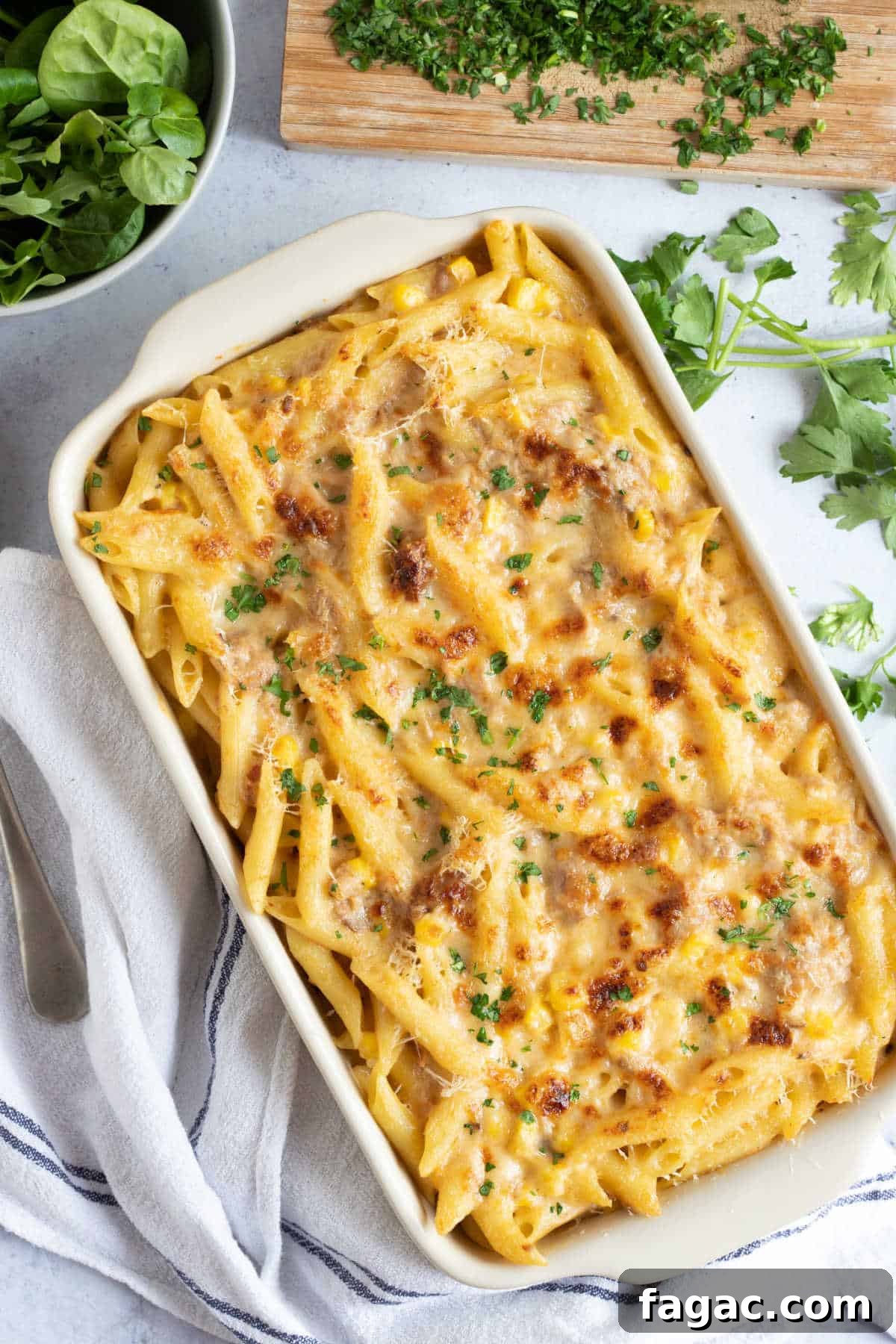 Tuna pasta bake in a baking dish.