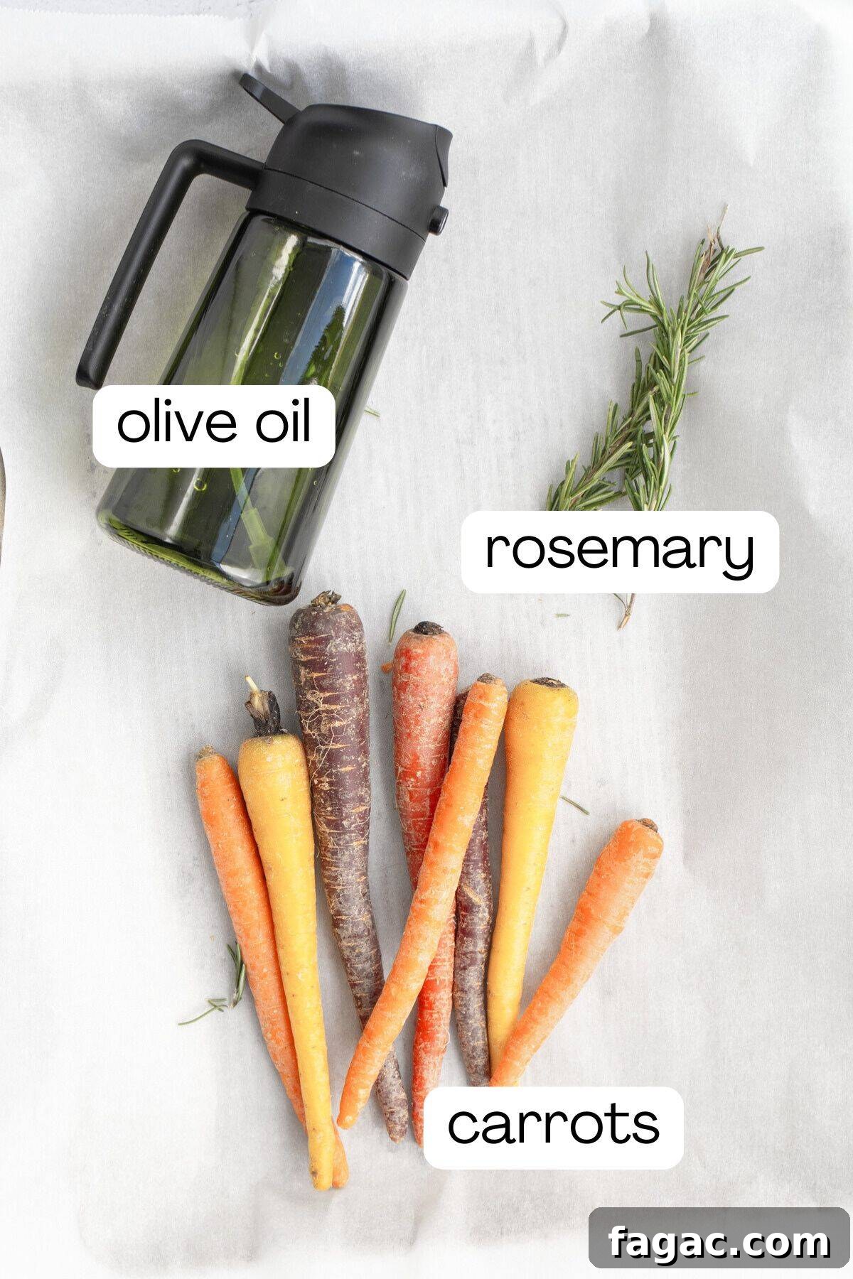 Rosemary Roasted Carrots with 4 Simple Ingredients 3 ingredients for rosemary roasted carrots.