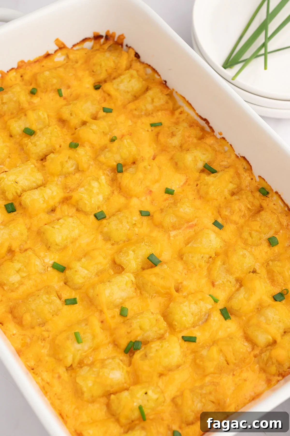Buffalo Chicken Tater Tot Casserole Recipe with Cheesy Buffalo Sauce 2 Buffalo Chicken Tater Tot Casserole in a white baking dish.