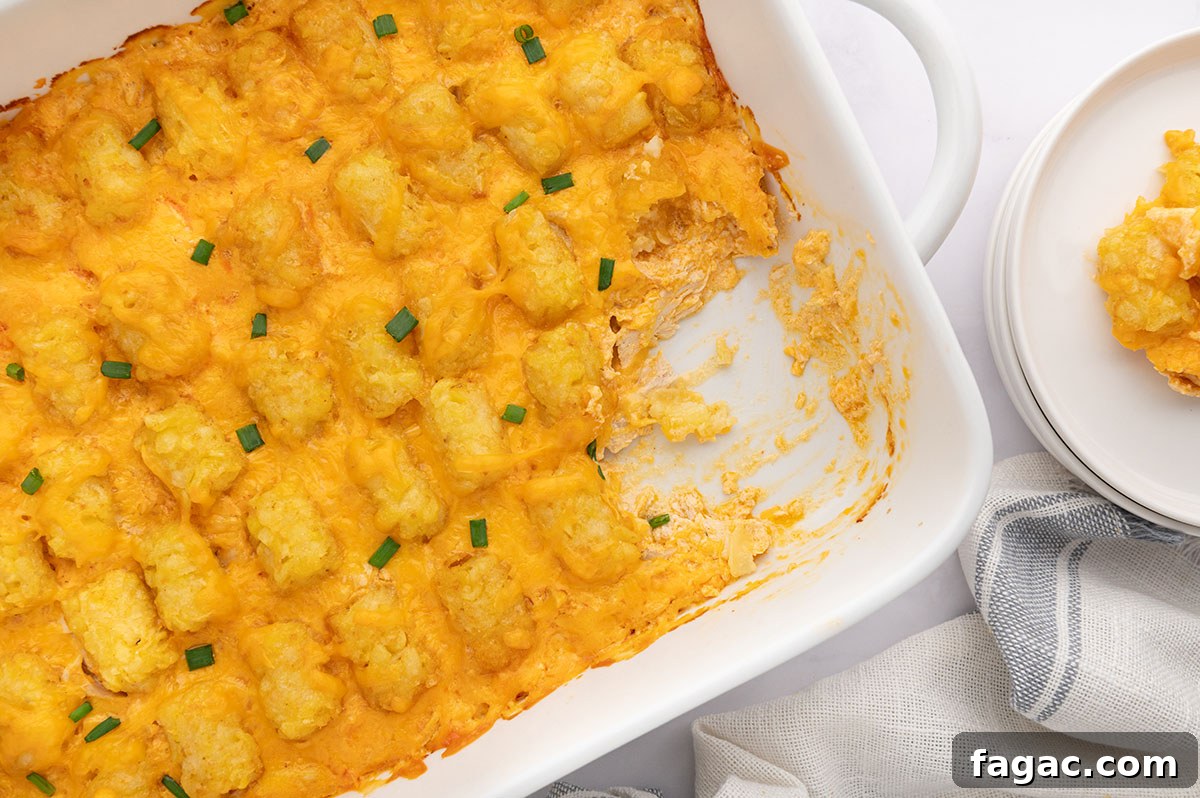 Buffalo Chicken Tater Tot Casserole Recipe with Cheesy Buffalo Sauce 9 Baked Buffalo Chicken Tater Tot Casserole in a baking dish with a serving scooped out.