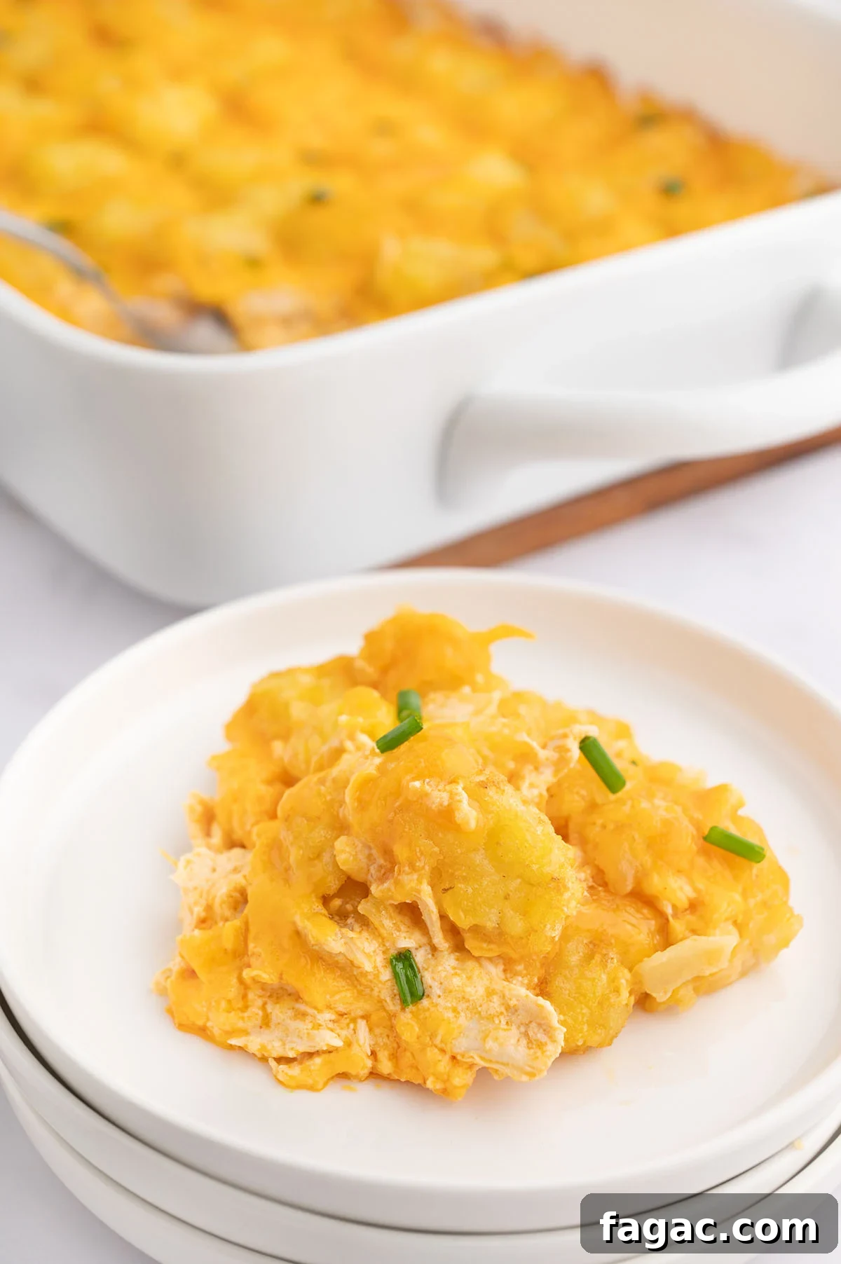 Buffalo Chicken Tater Tot Casserole Recipe with Cheesy Buffalo Sauce 10 A serving of Buffalo Chicken Casserole on a white plate.