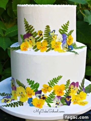 Pressed Flowers Cake on a cake pedestal.