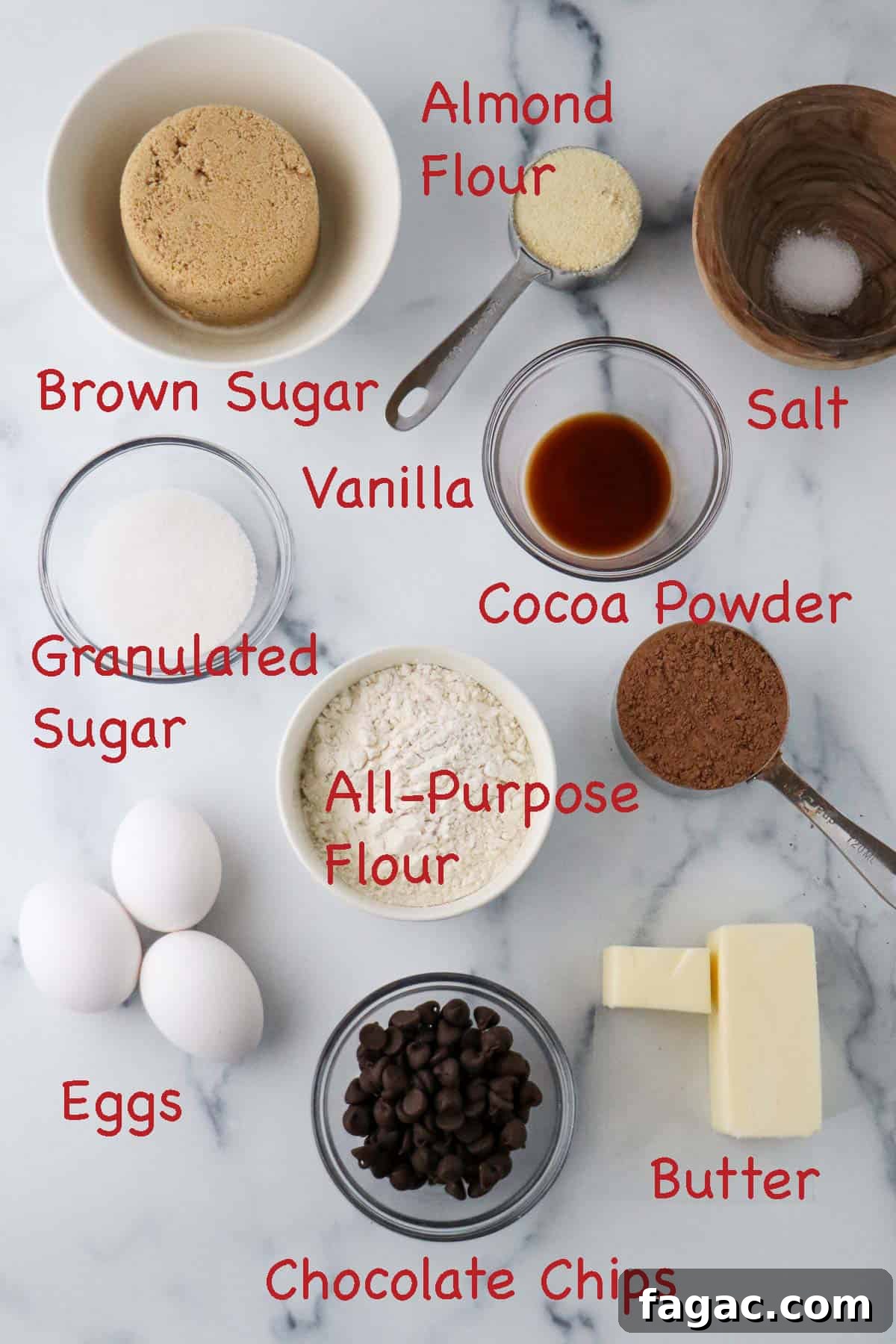 Authentic Swedish Kladdkaka: Gooey Sticky Chocolate Cake Recipe 3 Labeled ingredients for Swedish Sticky Chocolate Cake (Kladdkaka).