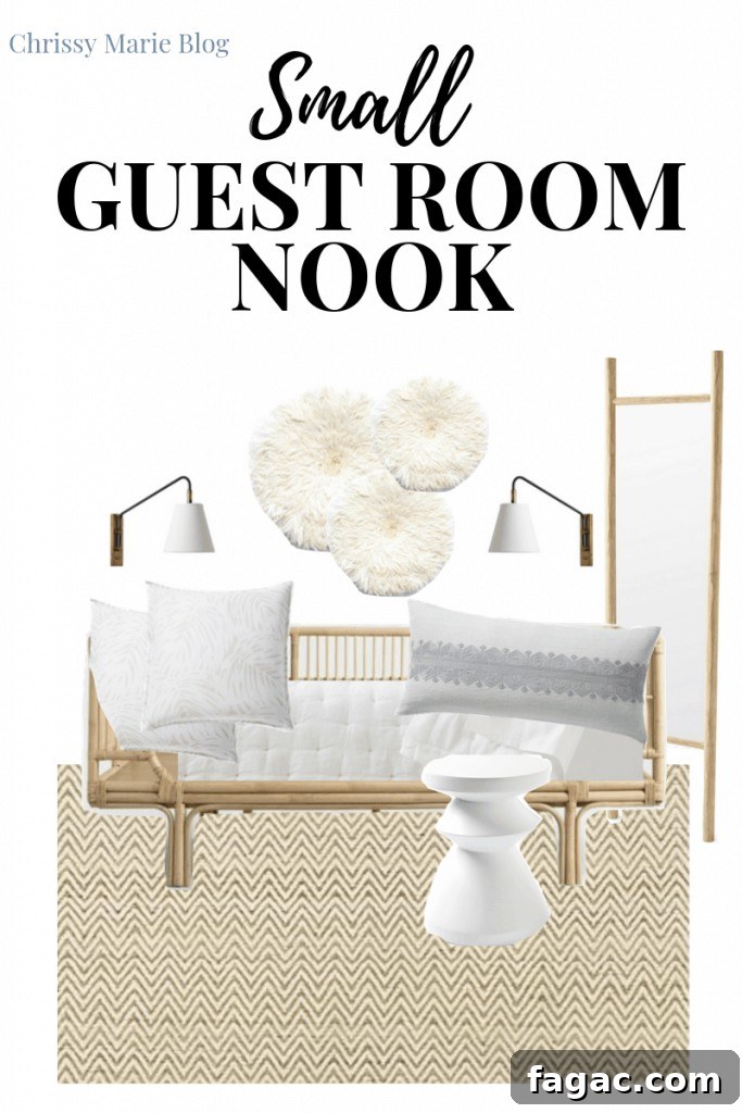 13 Stylish Rattan Daybeds and How to Style Them 8 Pinterest Image That Shows a rattan daybed being styled with art