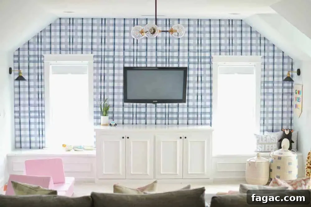 13 Stylish Rattan Daybeds and How to Style Them 5 a playroom with blue wallpaper