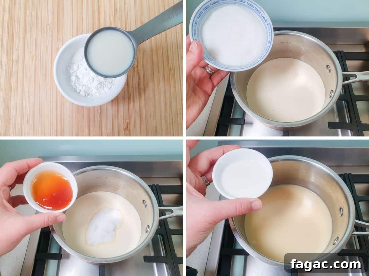 Homemade Lavender Ice Cream Recipe with Creamy Floral Flavor 4 Process shots: adding milk to tapioca starch to form a slurry, adding sugar to cream in a pot, then adding honey, then tapioca starch slurry.