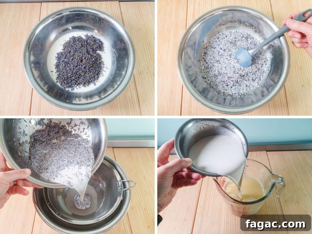 Homemade Lavender Ice Cream Recipe with Creamy Floral Flavor 5 Process shots: adding lavender to milk, mixing well, straining lavender infused milk, adding lavender milk to rest of ice cream base.