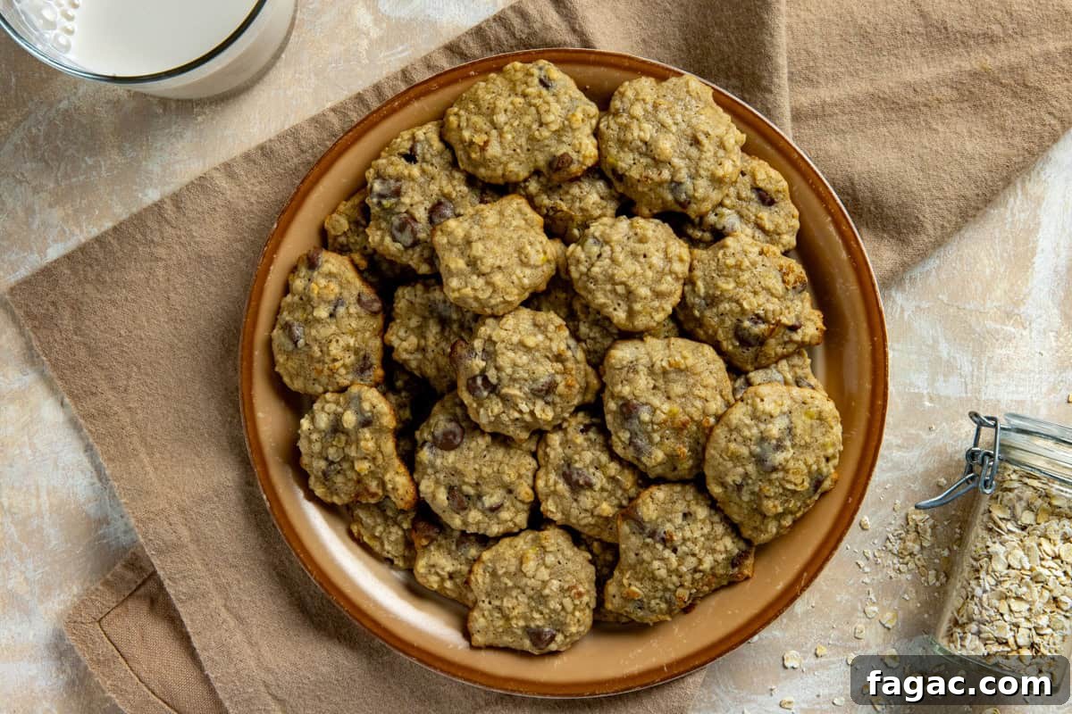Chocolate Chip Banana Oat Oatmeal Cookies Recipe 8 A pile of baked cookies on a brown plate. A jar of quick oats and a brown kitchen towel on the side.