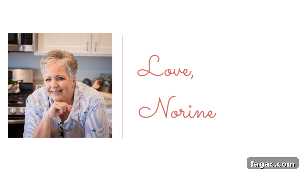 Quick Ground Beef Stroganoff Recipe for Weeknights 9 Photo of Norine from Norine's Nest leaning on a kitchen counter.