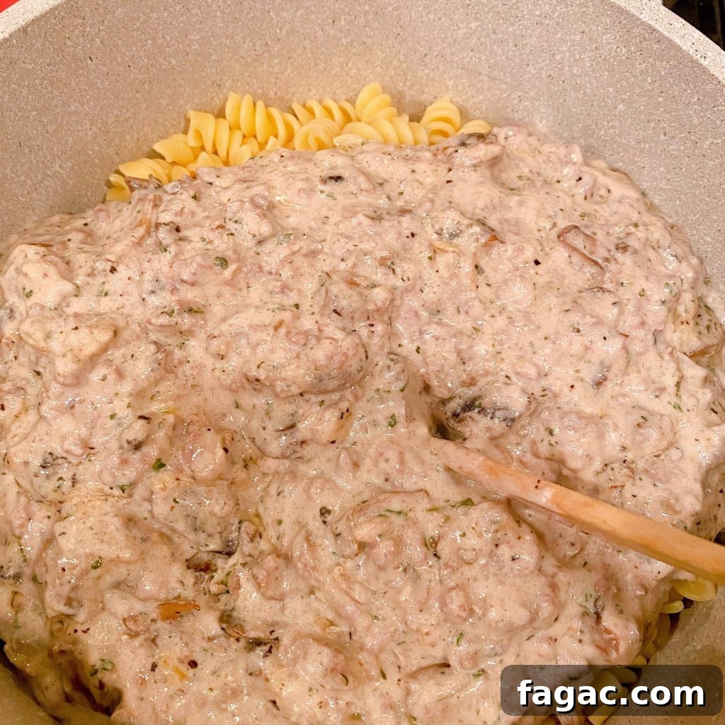 Quick Ground Beef Stroganoff Recipe for Weeknights 7 Adding Ground Beef Gravy to Pasta.