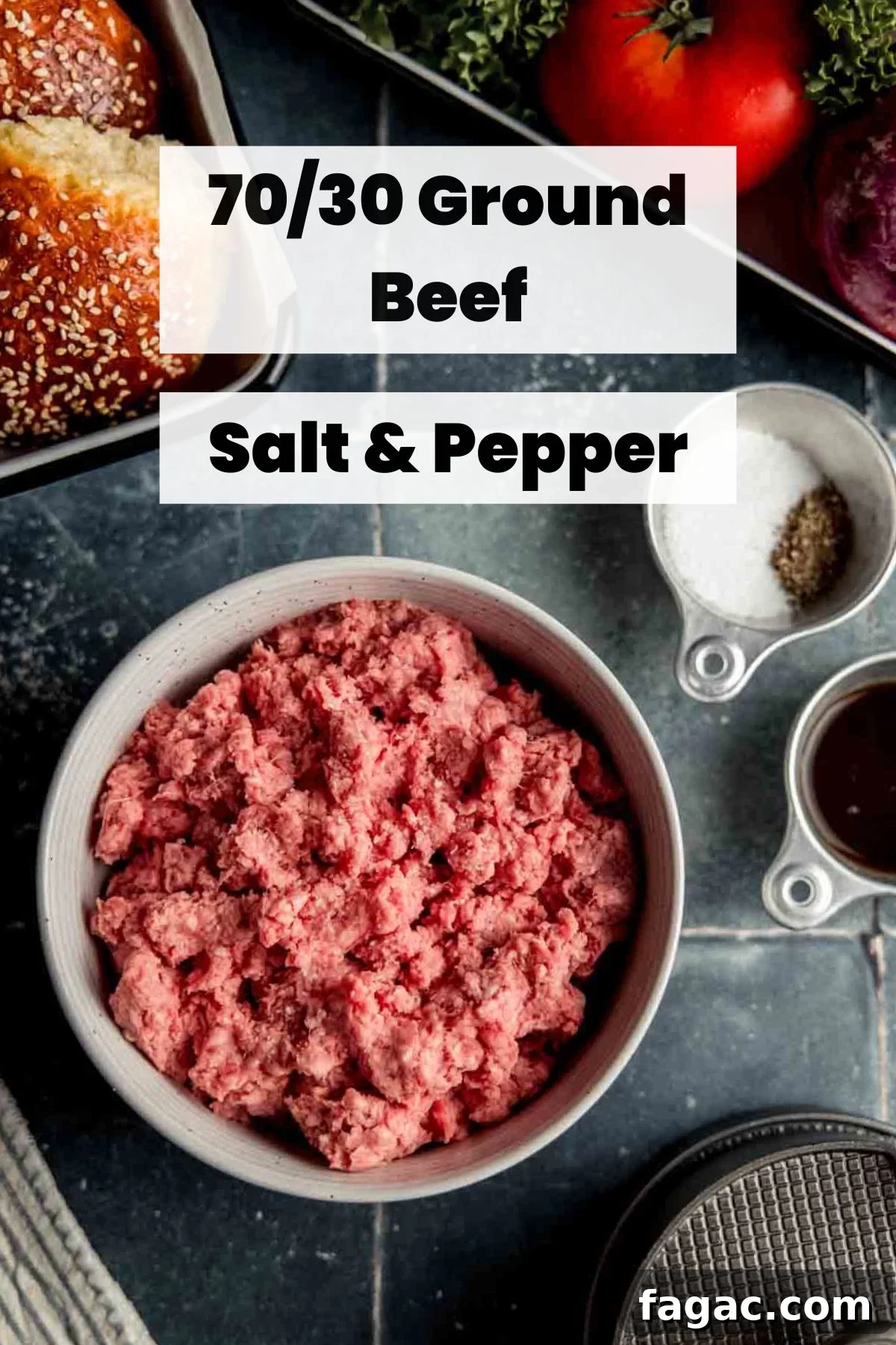 Ground beef in a bowl next to salt and pepper.