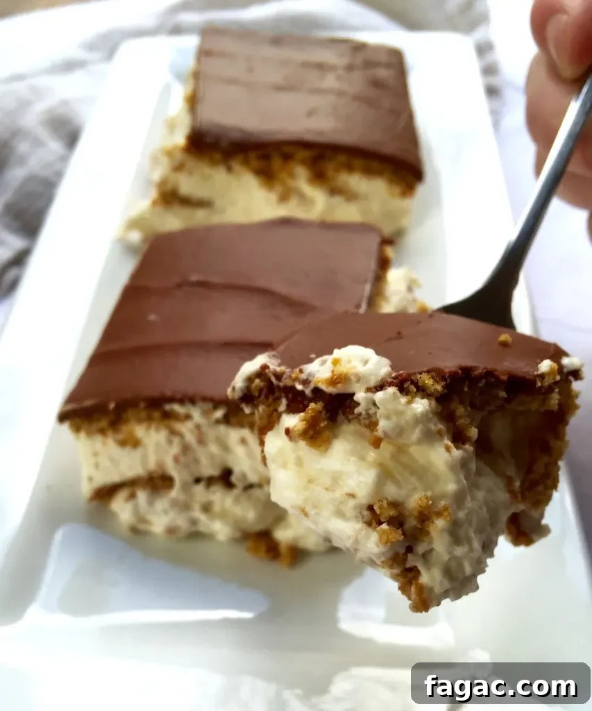 Éclair Cake, forkful of cake, slices in background.