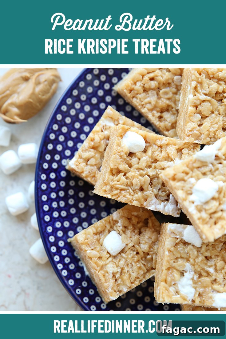 Peanut Butter Rice Krispie Treats Recipe: Chewy No-Bake Squares 9 Pinterest picture with the text of the title of the recipe at the top.