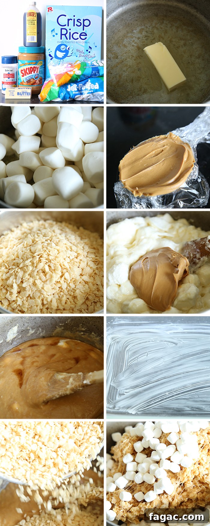 Peanut Butter Rice Krispie Treats Recipe: Chewy No-Bake Squares 5 10-photo picture collage of step-by-step photos of how to make peanut butter Rice Krispie treats.