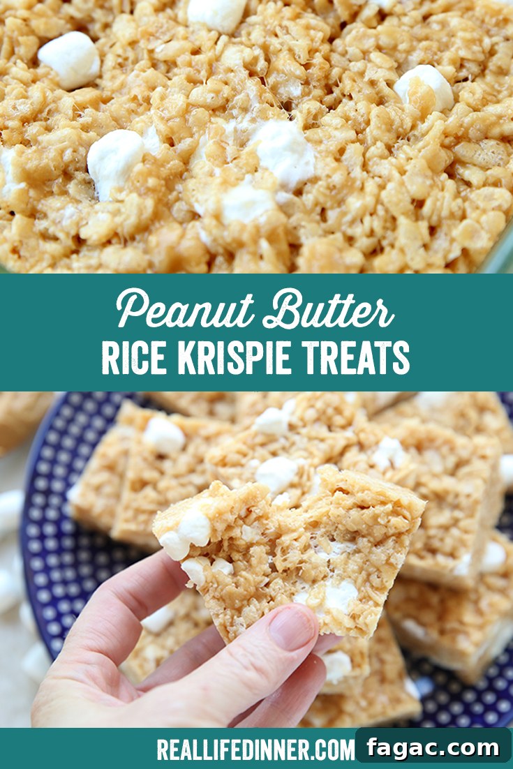 Two-photo Pinterest picture with the text "Peanut Butter Rice Krispie Treats" in the middle.