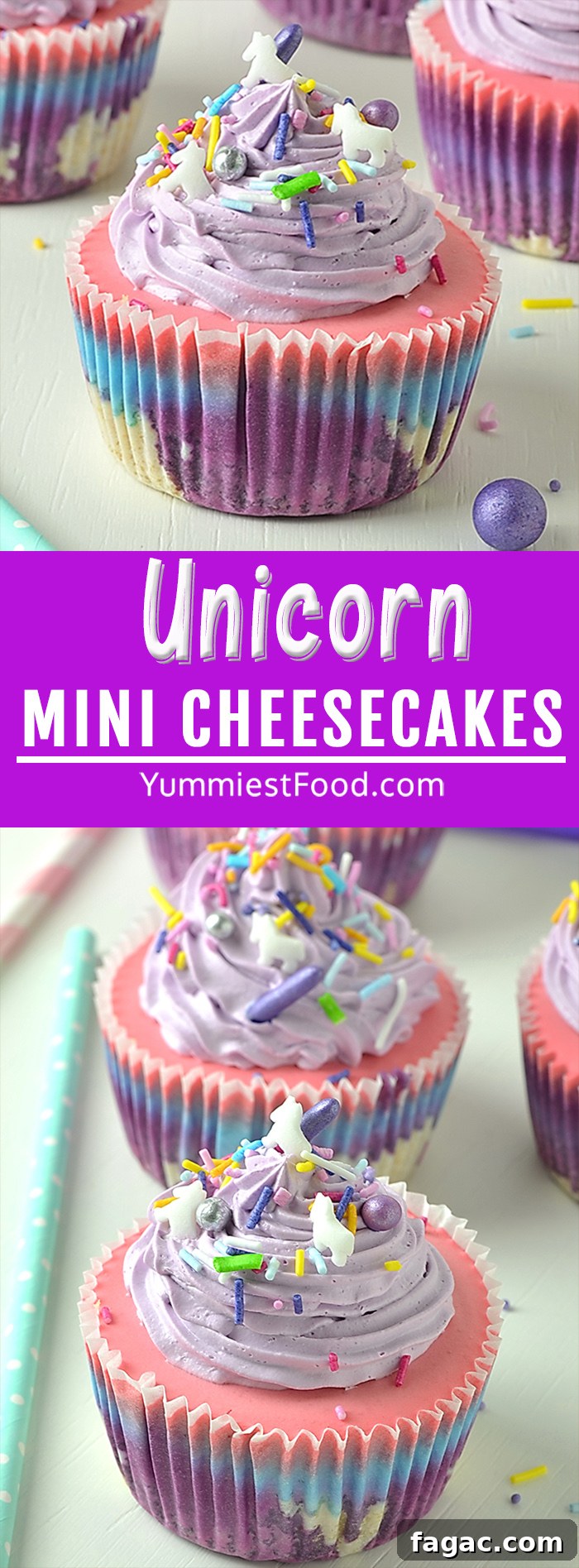 Unicorn Mini Cheesecakes are a magical no-bake treat made with graham crackers crust a colorful cheesecake filling and topped with whipped cream and sprinkles! An easy bite-size dessert for a birthday party or to bring color into any celebration!