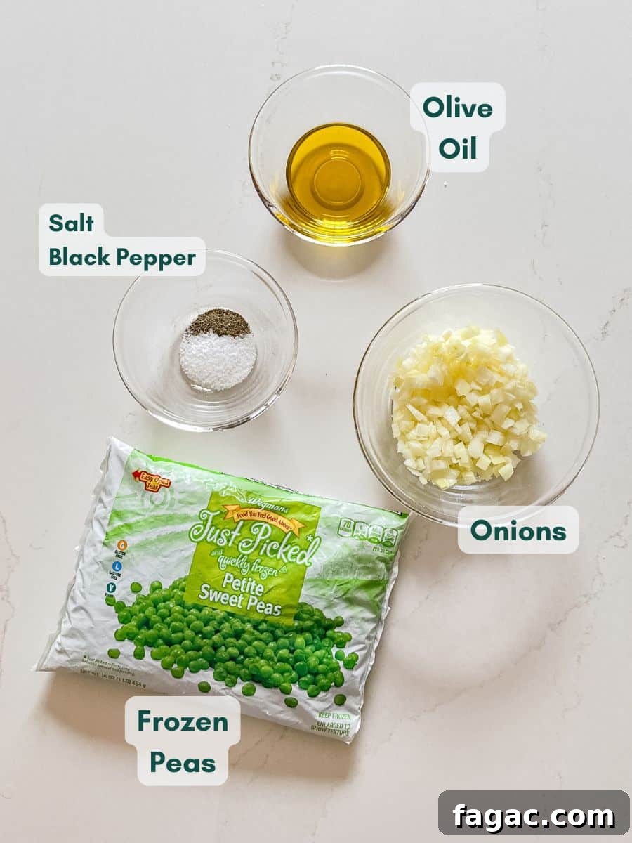 Creamy Garlic Green Peas with Parmesan 4 An overhead image of labeled recipe ingredients.